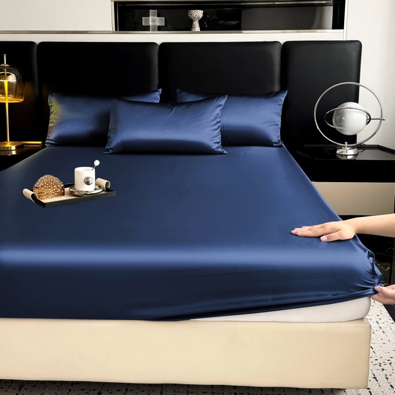 1 Set (4 Pcs) Satin Silk Bed Set- Color: Navy Blue - Image 2
