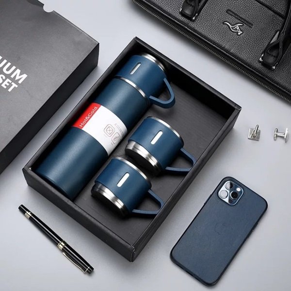 Stainless Steel Vacuum Flask Set With 3 Cups - Image 2